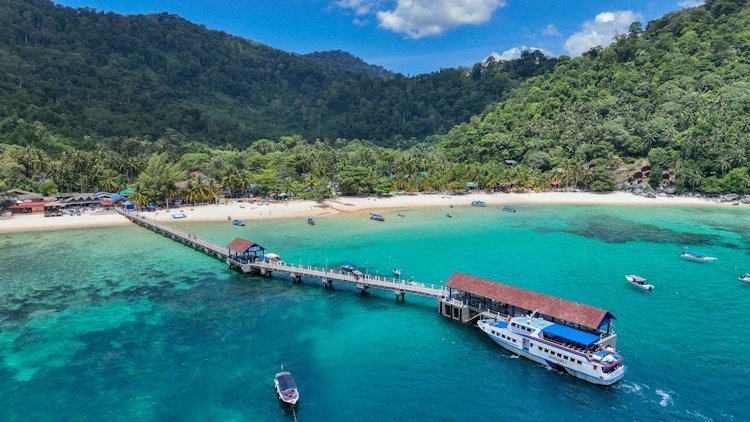 Tropical Johor island jetty and turquoise sea near Mersing, Malaysia