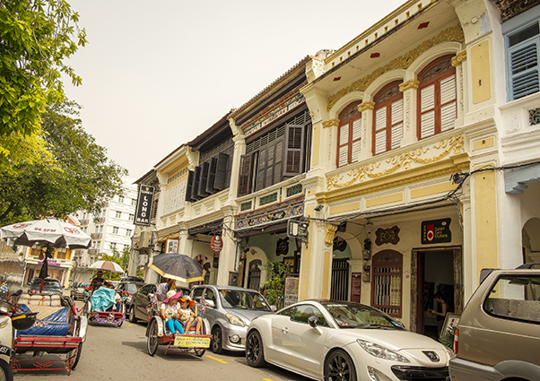 Colourful heritage shophouses in George Town, Penang, Malaysia
