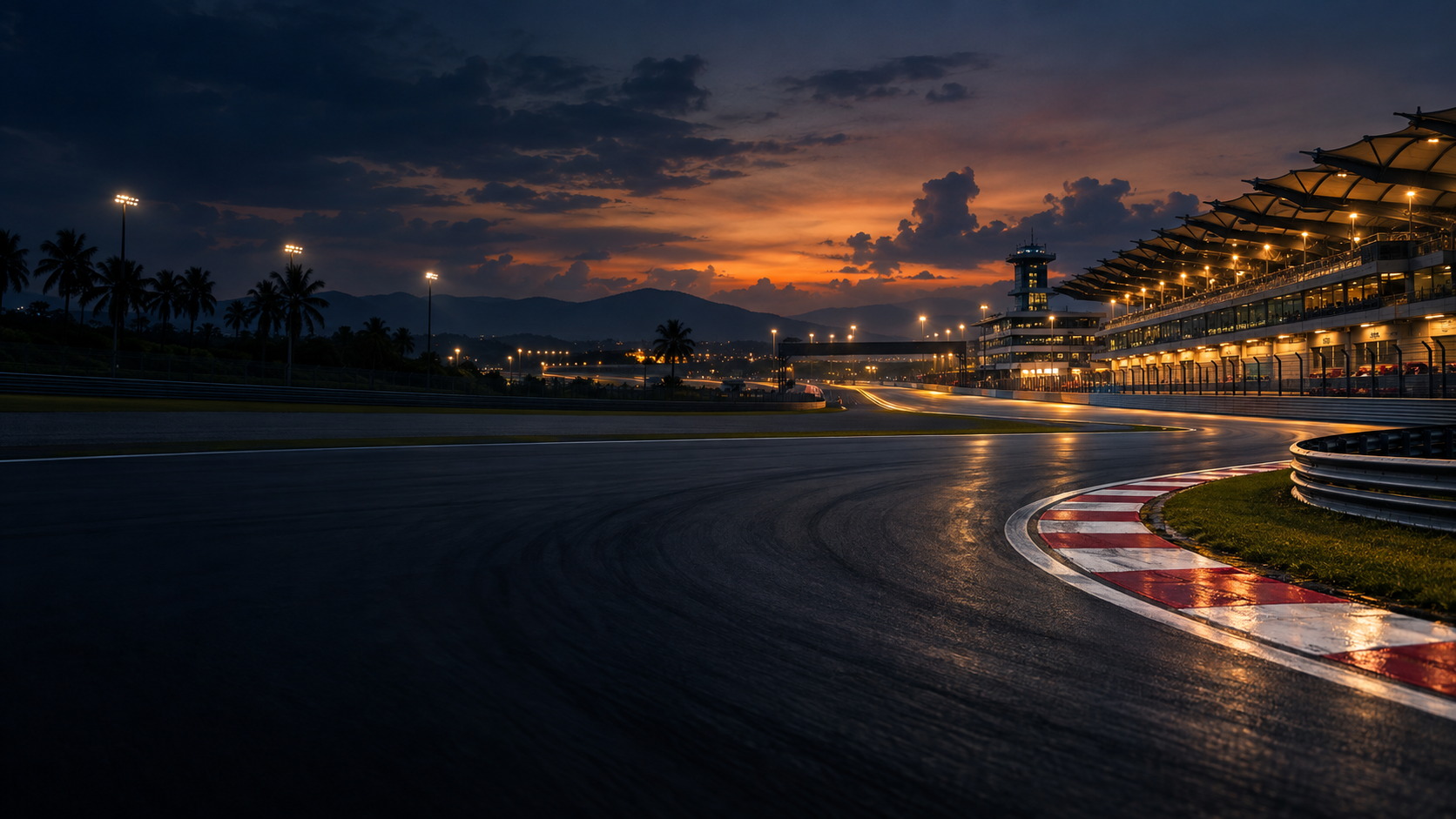 Illuminated tropical motor racing circuit at dusk for Malaysia race-weekend transport