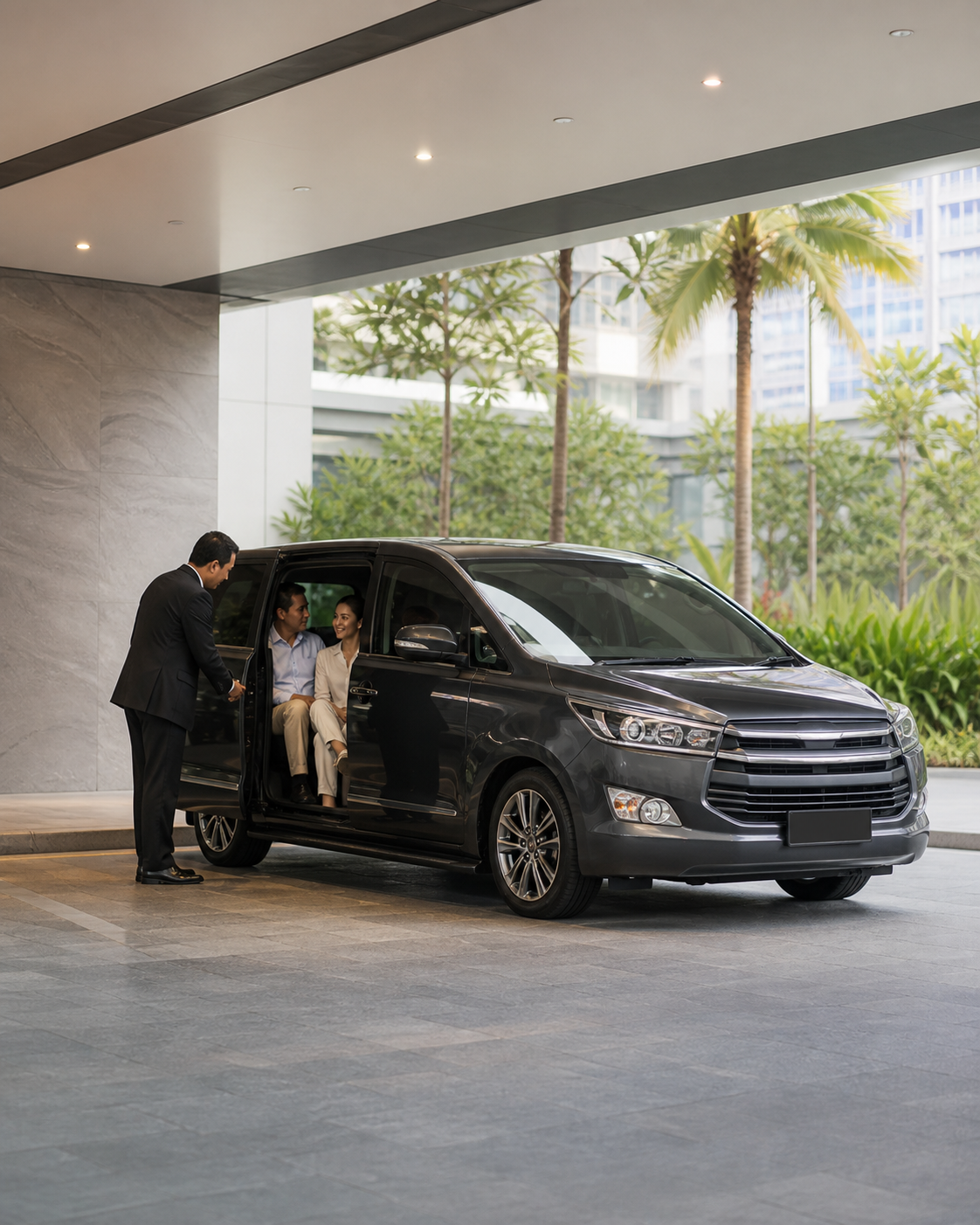 Private premium MPV providing calm non-emergency transport at a modern Malaysian hospital